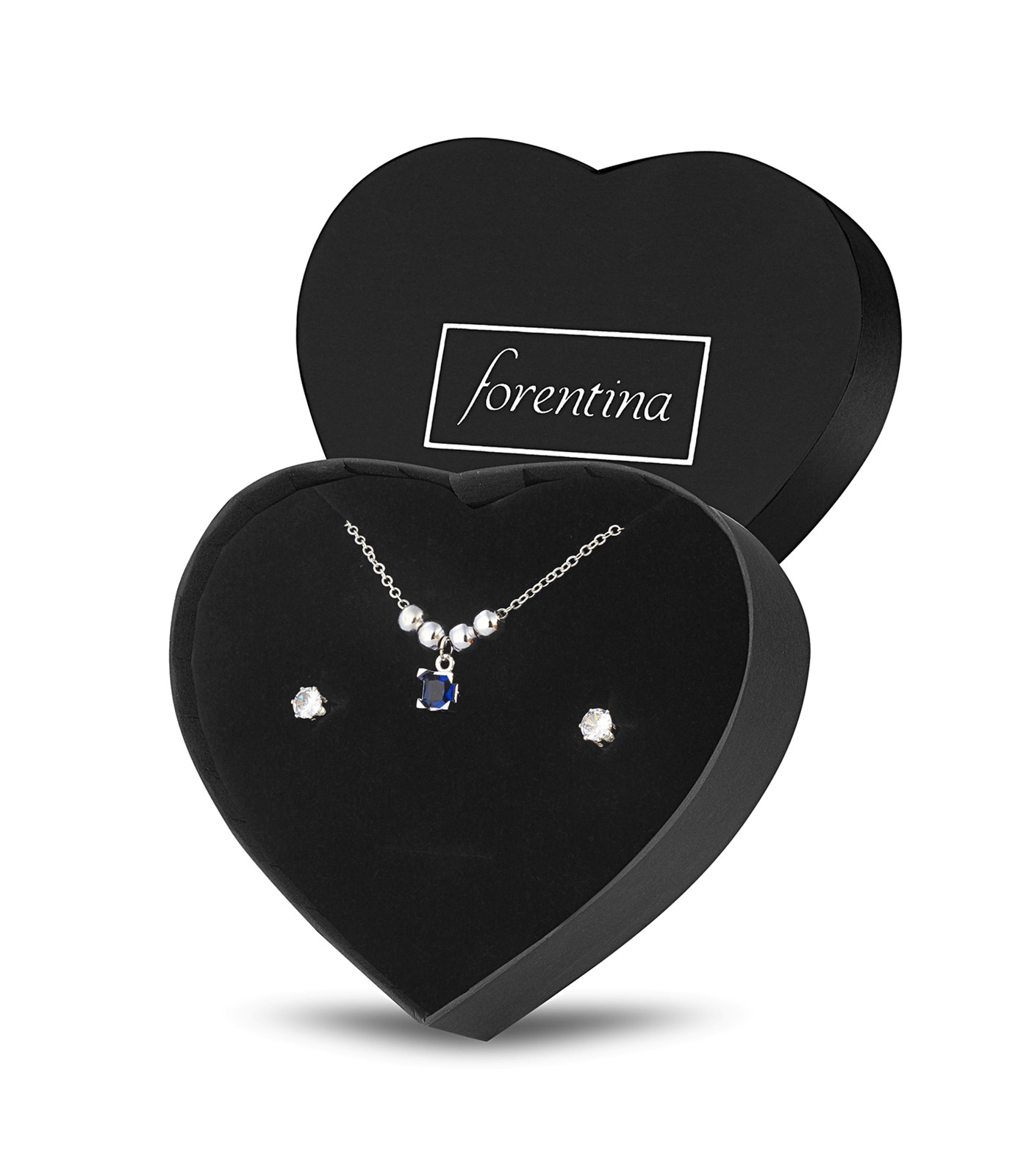 Forentina Gümüş Kaplama Lacivert Taşlı Kolye Küpe Takı Seti PS3119