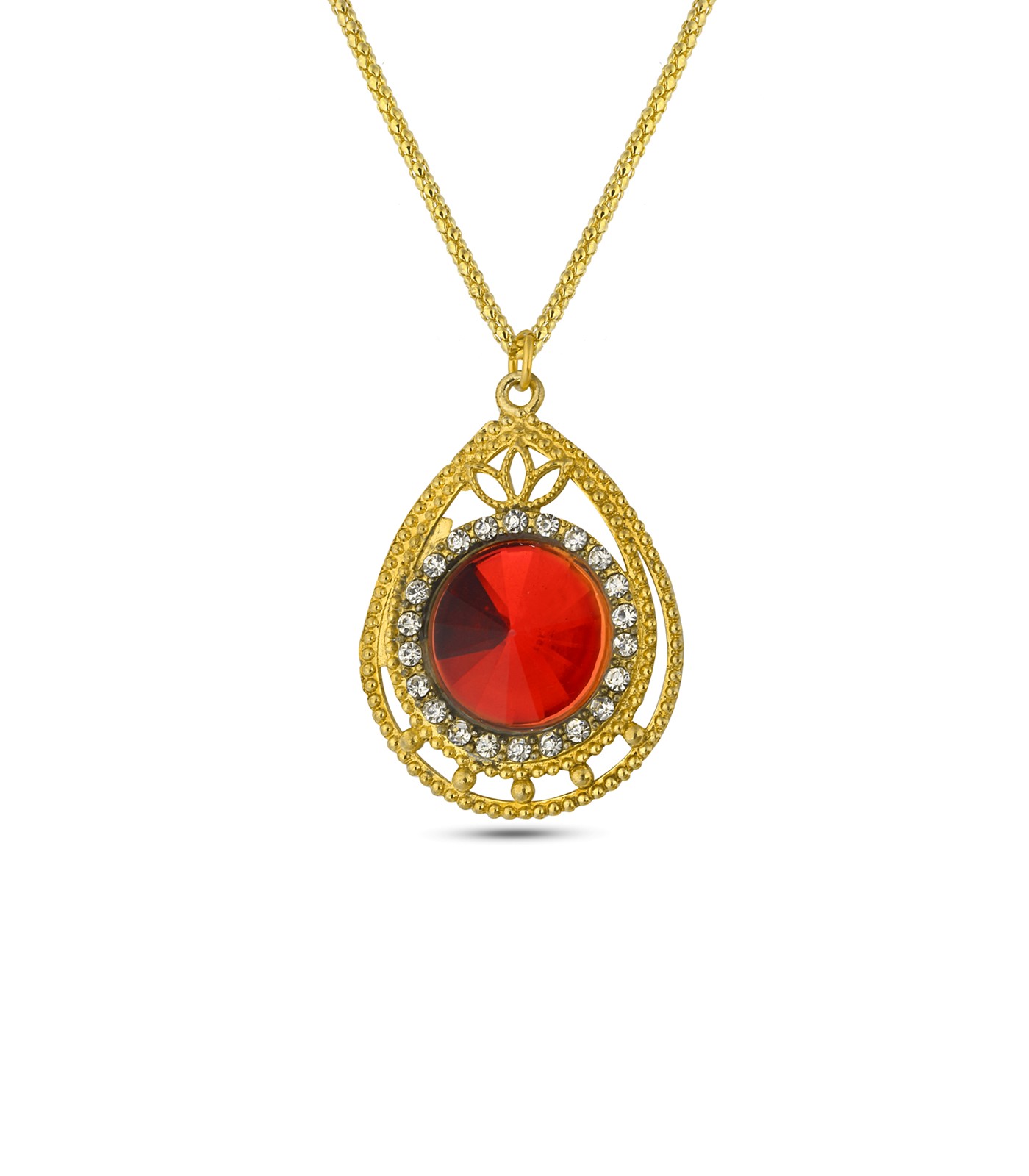 Forentina Altın Kaplama Kırmızı Taşlı Madalyon Kolye PS3128