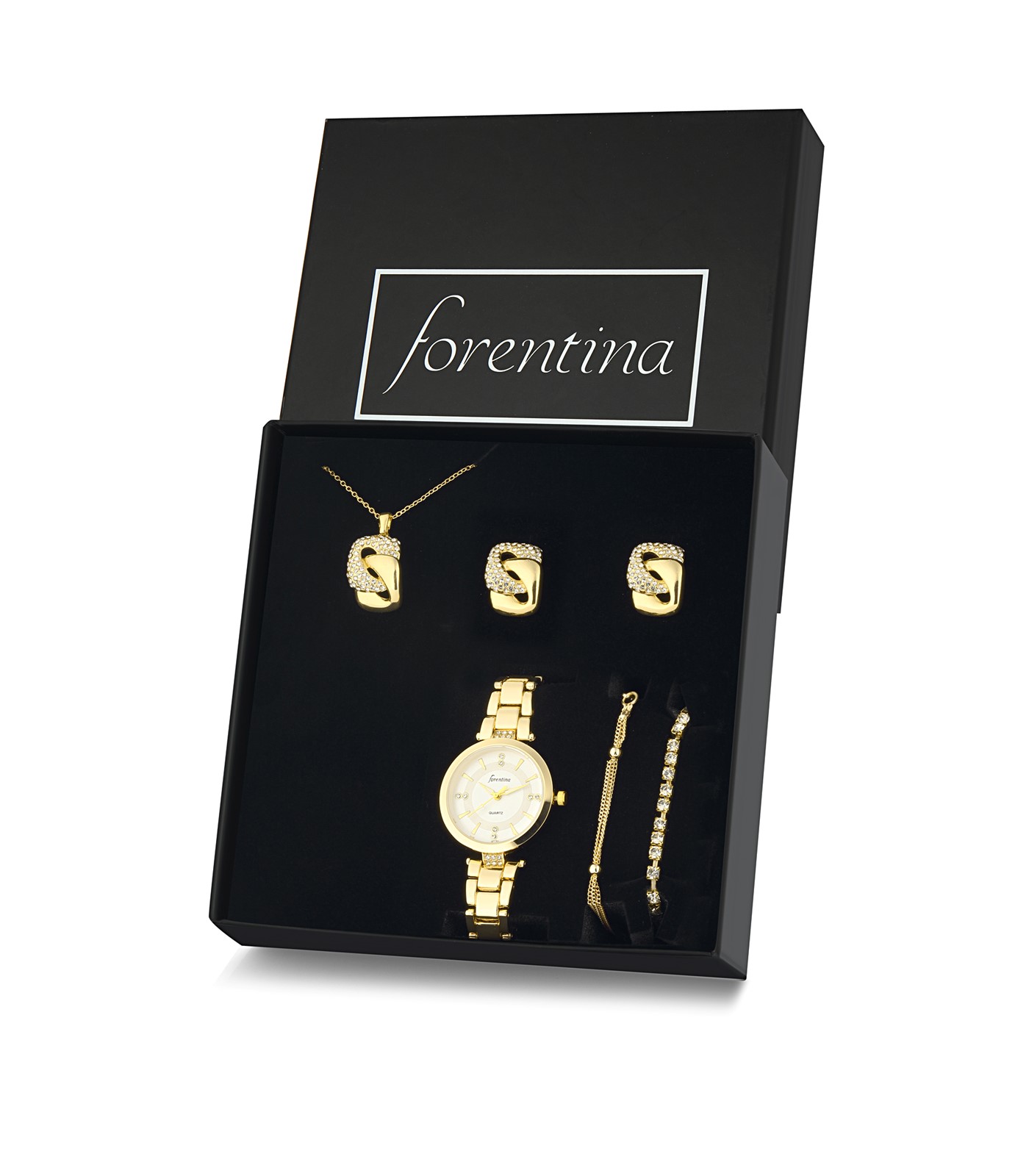 Forentina Altın Kaplama Kolye Küpe Bileklik Saat Hediye Set PS3139