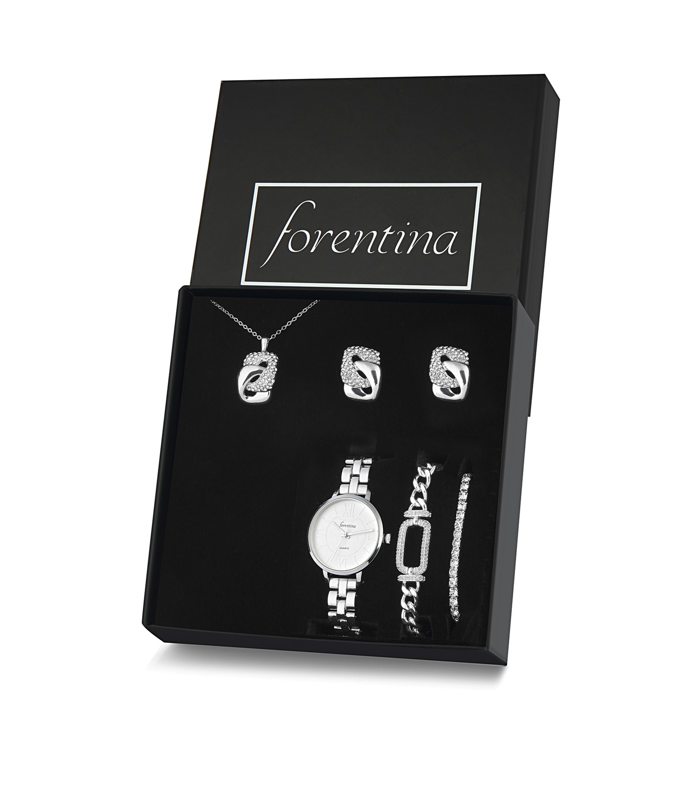 Forentina Gümüş Kaplama Kolye Küpe Bileklik Saat Hediye Set PS3141