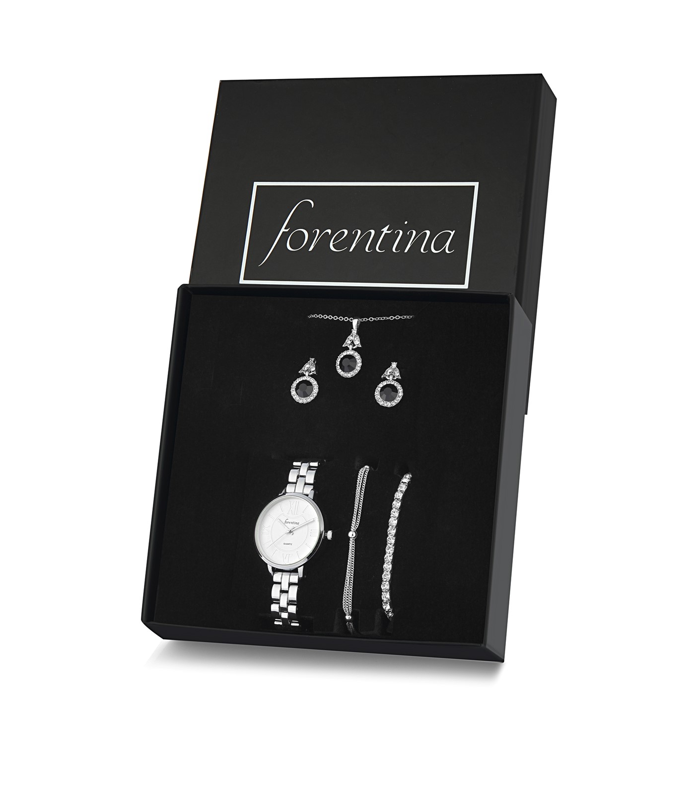 Forentina Gümüş Kaplama Siyah Taşlı Kolye Küpe Bileklik Saat Hediye Set PS3143