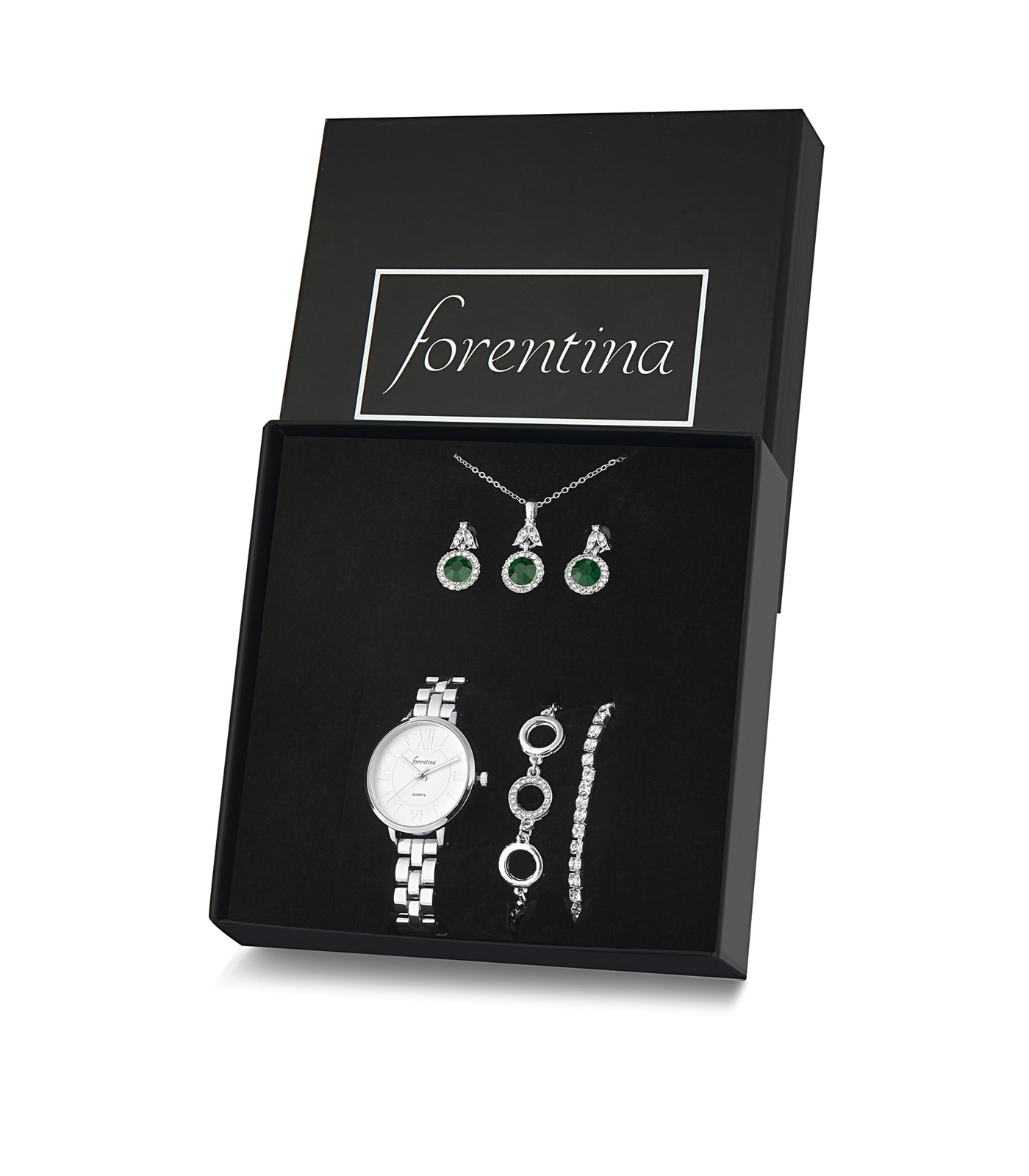 Forentina Gümüş Kaplama Yeşil Taşlı Kolye Küpe Bileklik Saat Hediye Set PS3144