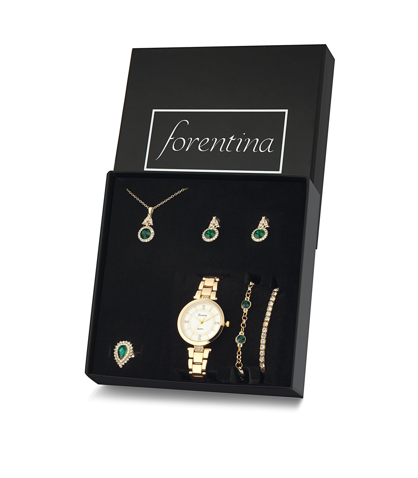 Forentina Altın Kaplama Yeşil Taşlı Kolye Küpe Bileklik Yüzük Saat Hediye Set PS3145