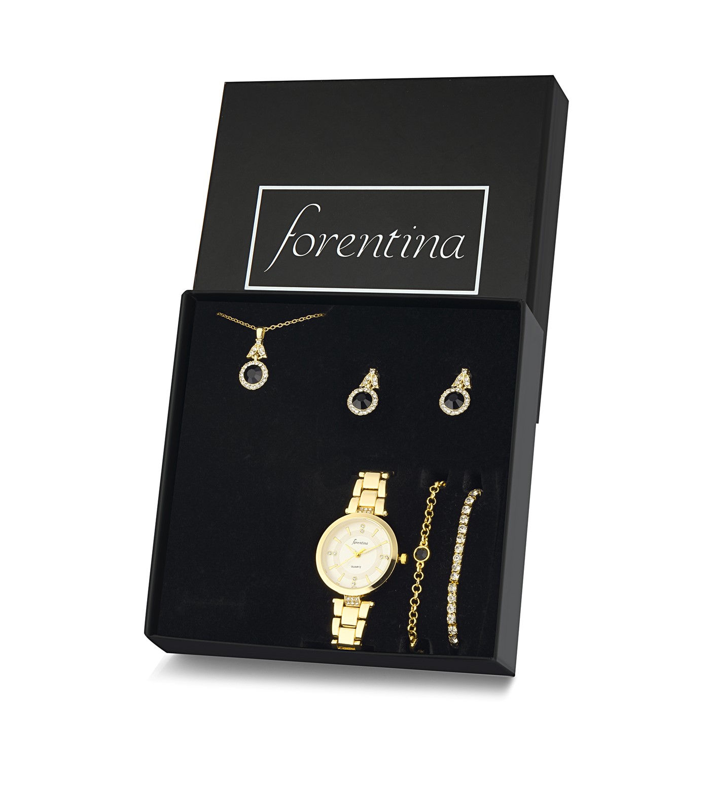 Forentina Altın Kaplama Siyah Taşlı Kolye Küpe Bileklik Yüzük Saat Hediye Set PS3146