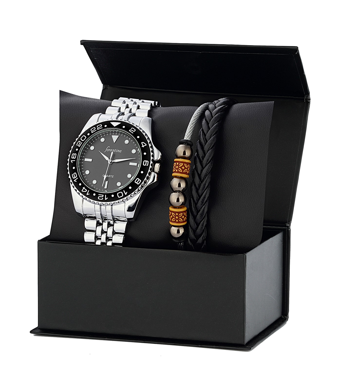 Forentina Erkek Metal Kol Saati Örgü Model Bileklik Kombin Set PS3147