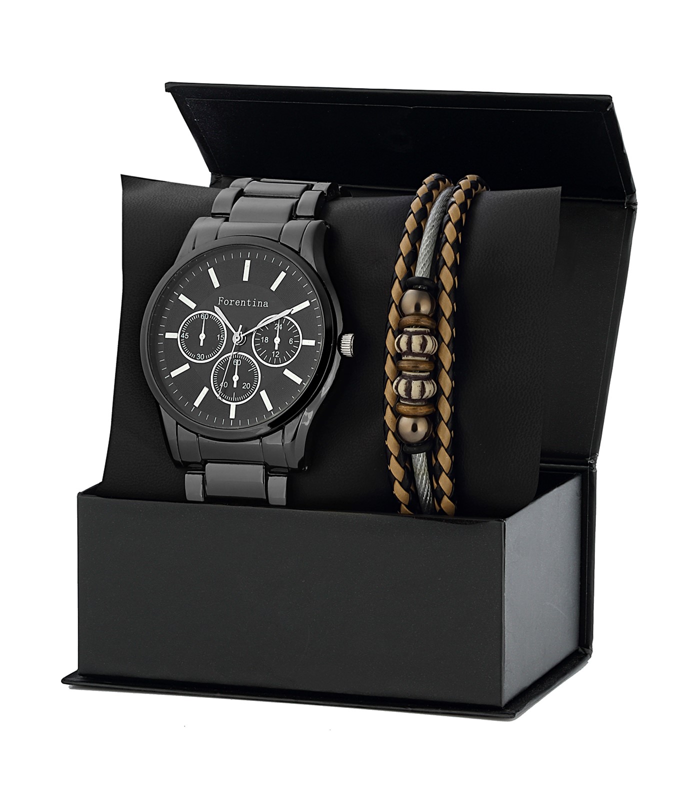 Forentina Erkek Siyah Metal Saat Bileklik Kombin Set PS3157
