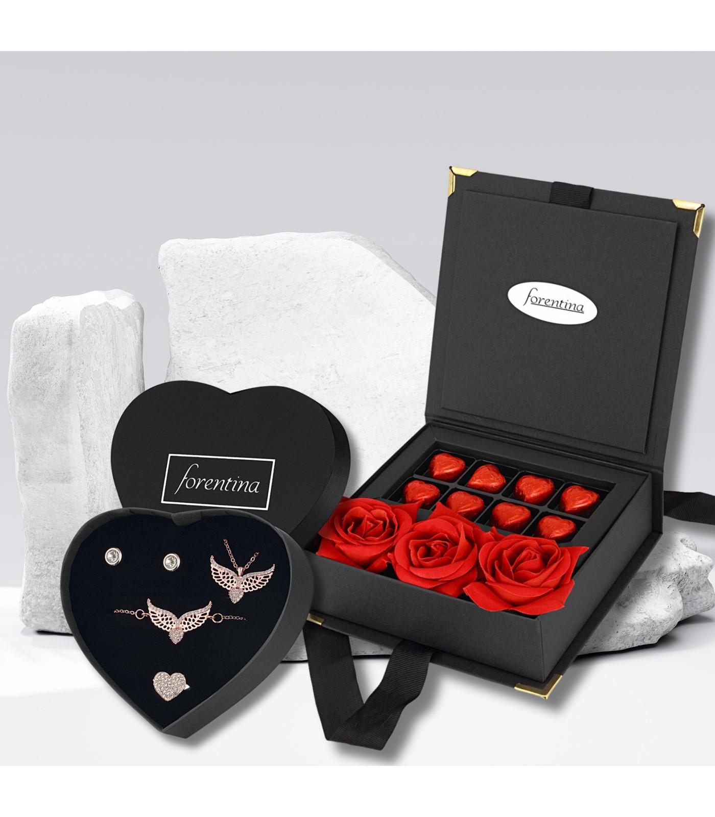 Forentina Rose Melek Kanadı Kolye Bileklik Küpe Yüzük - Çikolata & Kadife Kırmızı Gül Hediye Set PS3181