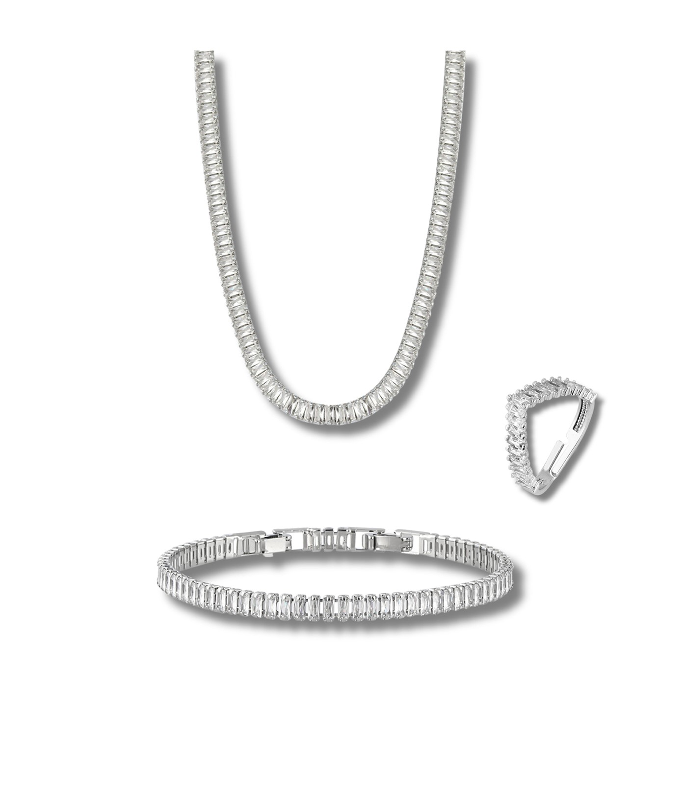 Forentina Gümüş Kaplama Baget Kolye Bileklik Yüzük Takı Seti PS3189