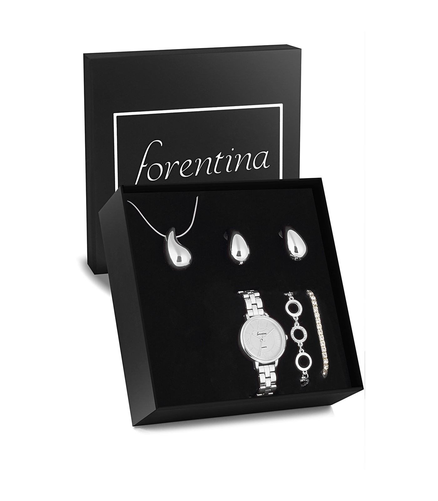 Forentina Gümüş Kaplama Kolye Küpe Bileklik Saat Hediye Set PS3192