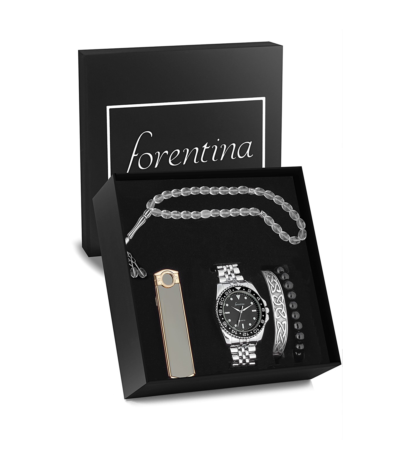 Forentina Erkek Metal Kol Saati Bileklik Tesbih Çakmak Hediye Set PS3194