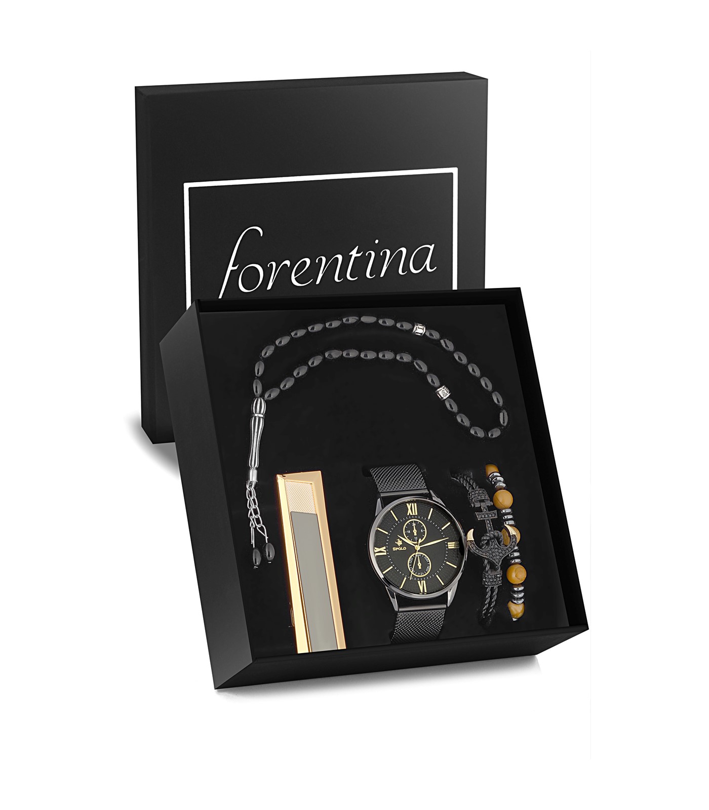 Forentina Siyah Erkek Kol Saati Bileklik Tesbih Çakmak Hediye Set PS3197