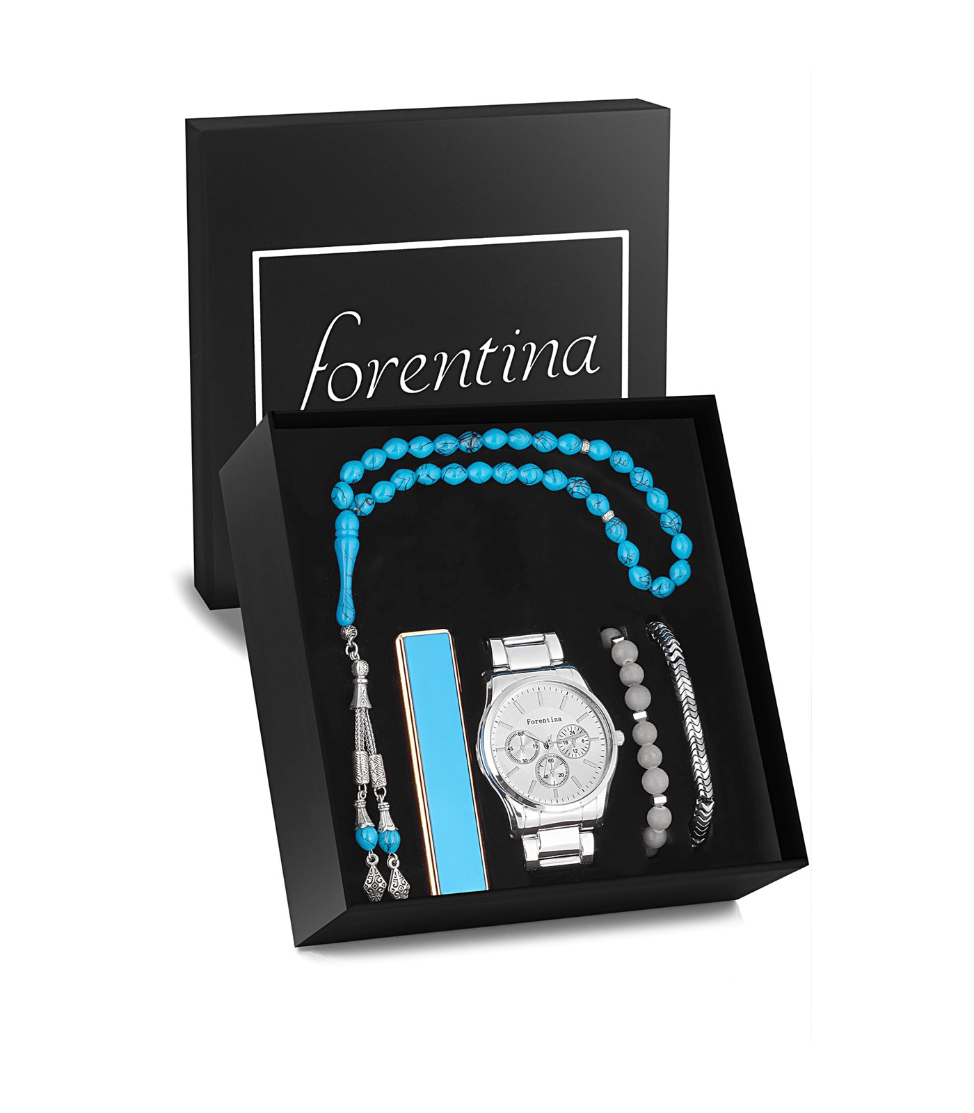 Forentina Erkek Metal Kol Saati Bileklik Tesbih Çakmak Hediye Set PS3198