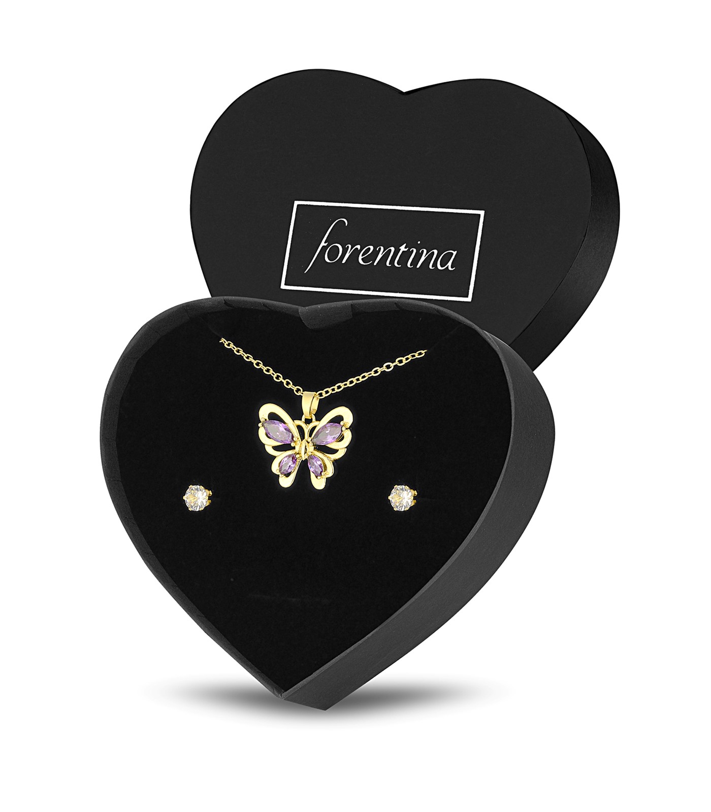 Forentina Altın Kaplama Mor Taşlı Kolye Tektaş Küpe PS3204