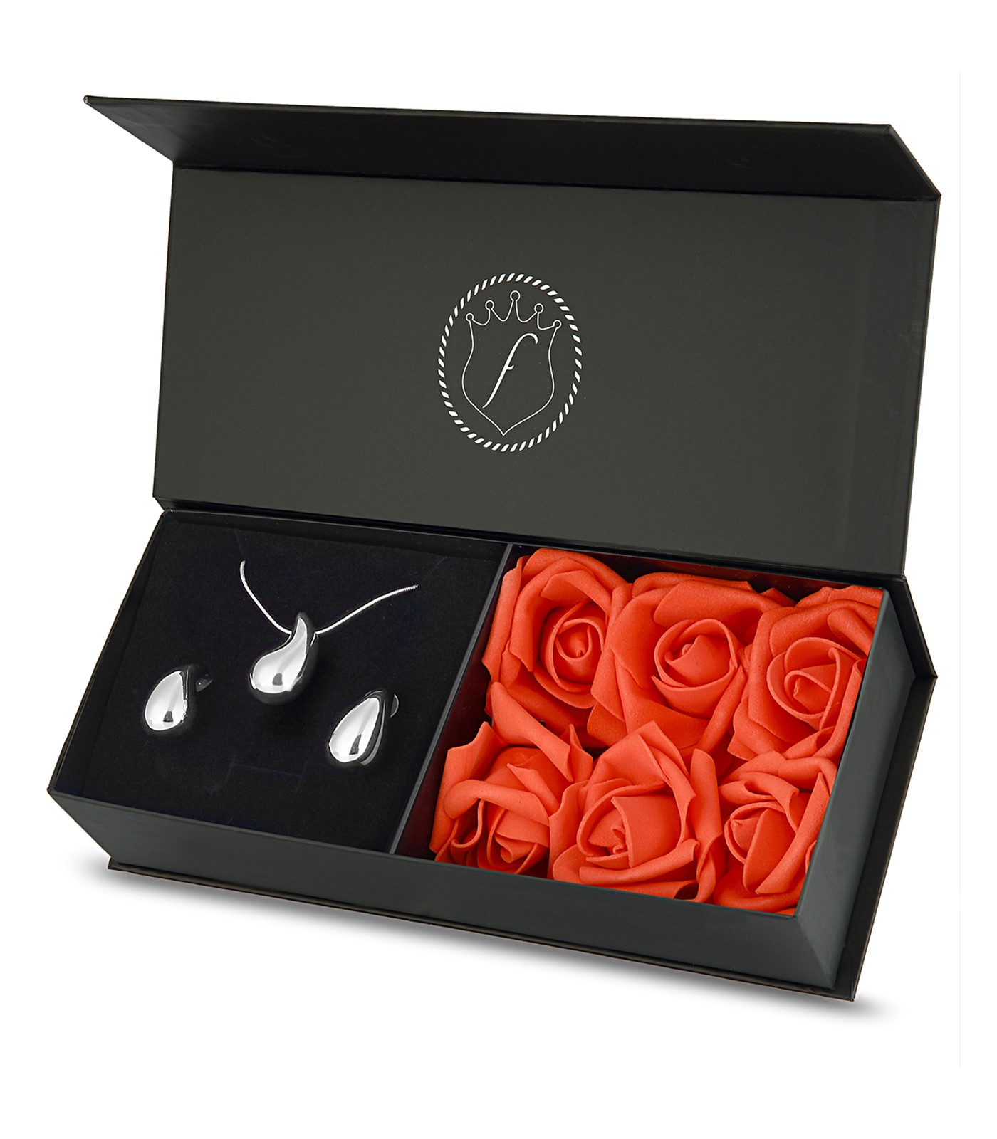 Forentina Gümüş Kaplama Tasarım Kolye Küpe - Kırmızı Yapay Güllü Kutuda Hediye Set PS3207