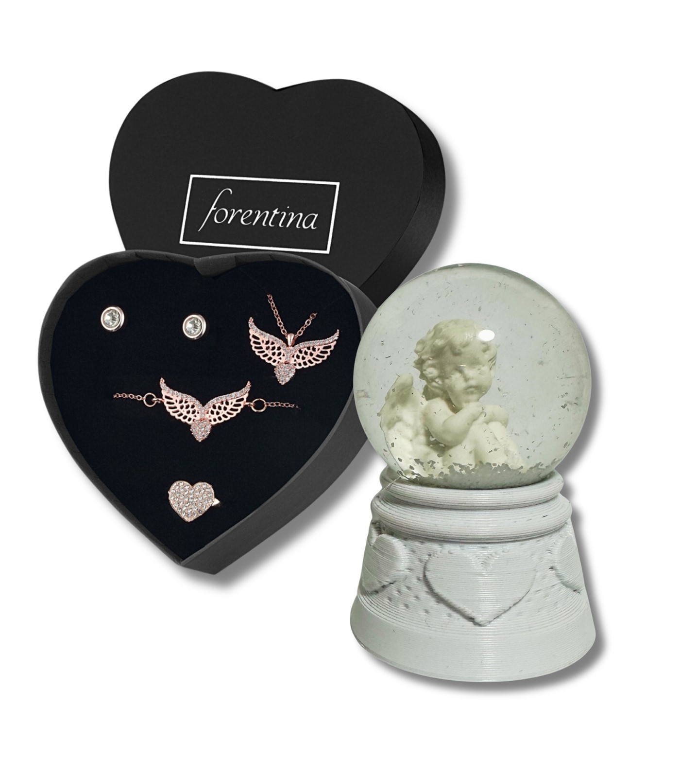 Forentina Rose Melek Kolye Bileklik Küpe Yüzük - Kar Küresi Hediye Set PS3214