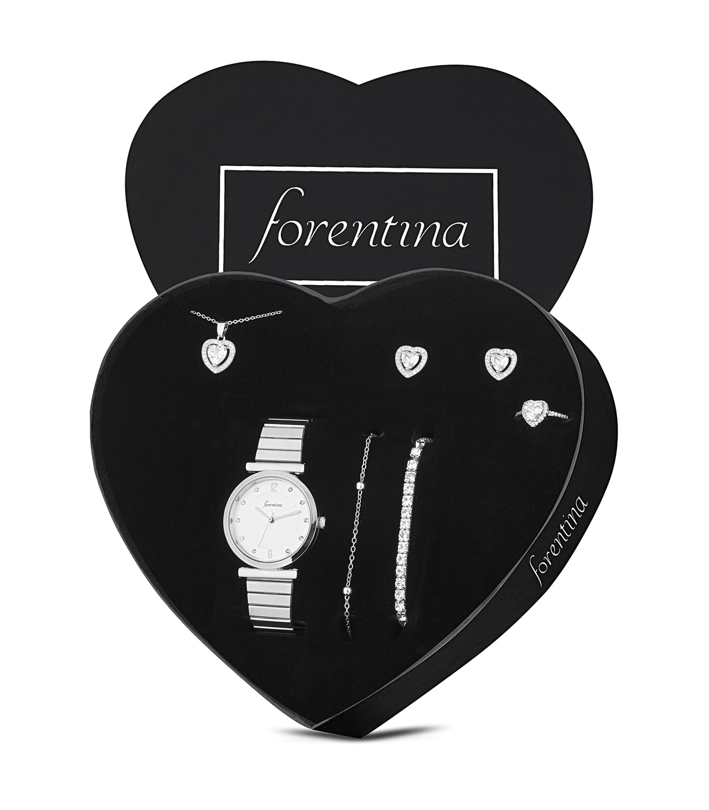 Forentina Gümüş Kaplama Kolye Küpe Bileklik Yüzük Saat Hediye Set PS3237