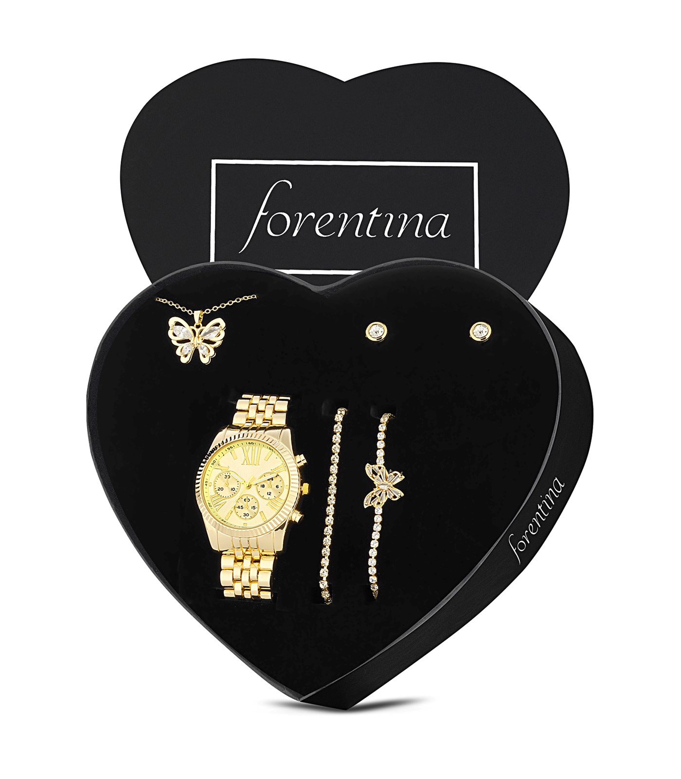 Forentina Gold Renk Kelebek Kolye Küpe Bileklik Saat Hediye Set PS3240