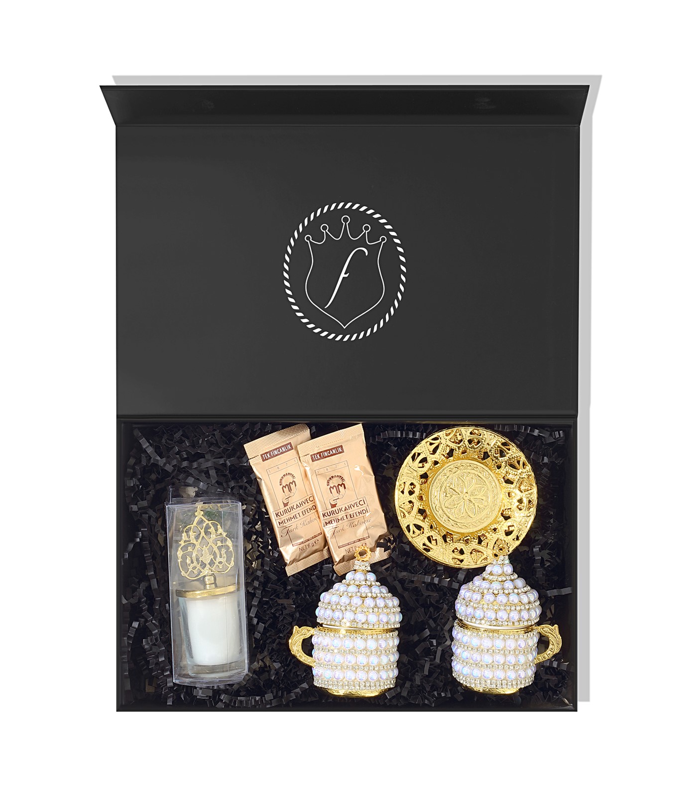 Forentina Sarı İncili Fincan Takımı - Türk Kahvesi - Mum Hediye Set PS3245