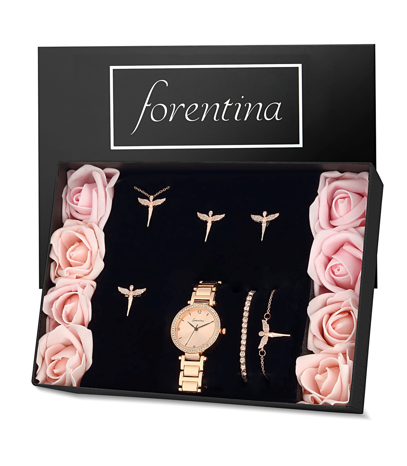 Forentina Rose Melek Kolye Küpe Bileklik Yüzük Saat - Yapay Güllü Kutuda Hediye Set PS3246