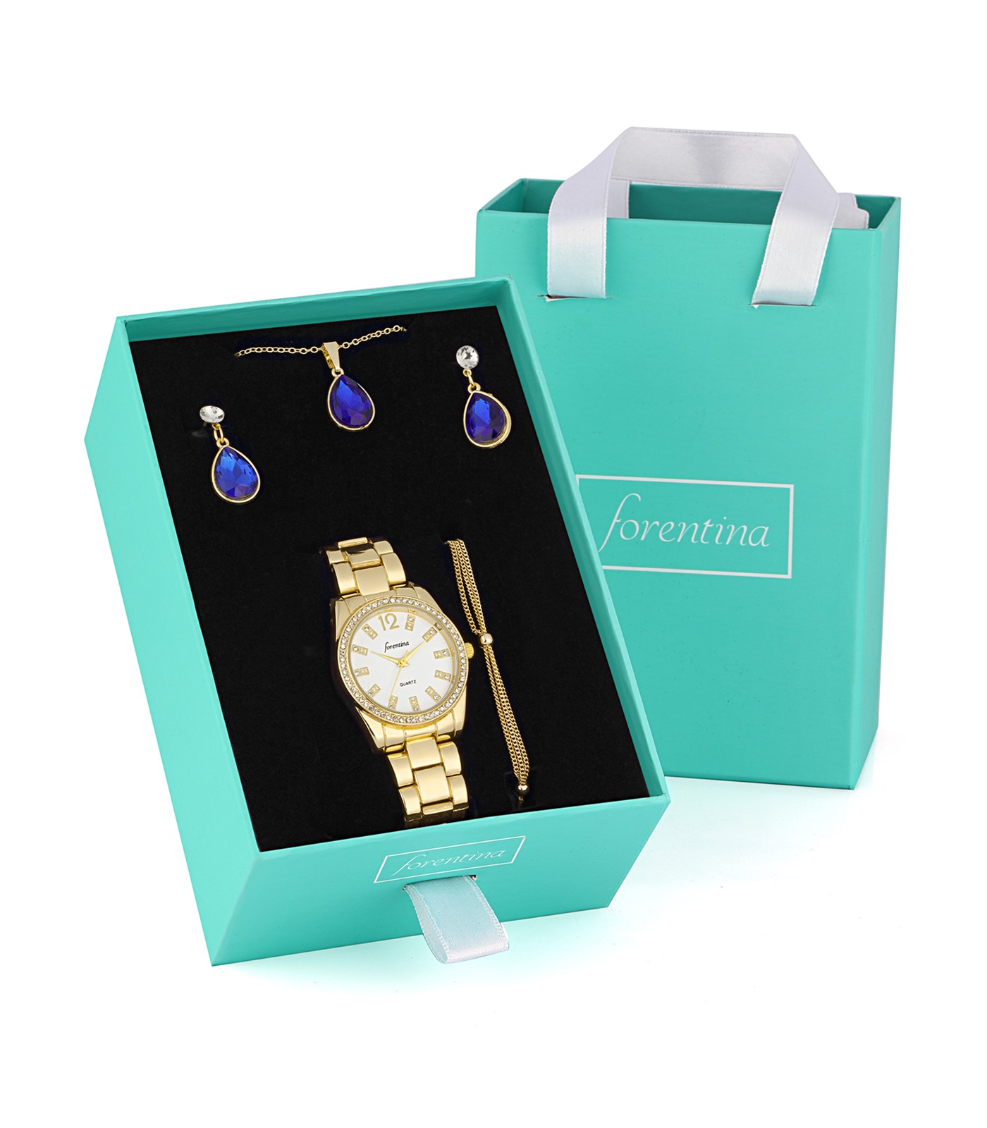 Forentina Altın Kaplama Lacivert Taşlı Kolye Küpe Bileklik Saat Takı Seti PS3268