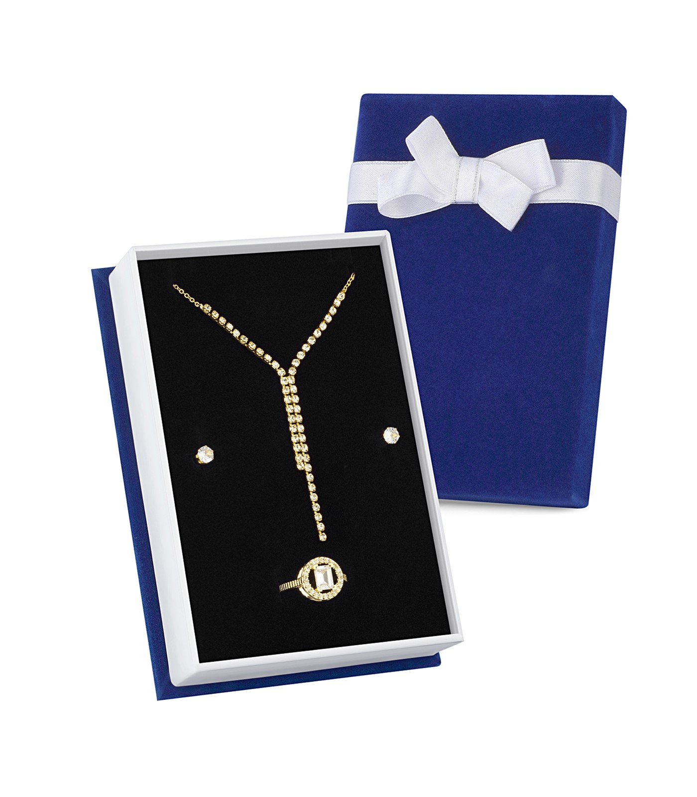 Forentina Altın Kaplama Su Yolu Kolye Küpe Yüzük Lacivert Kadife Kutuda Takı Seti PS3289