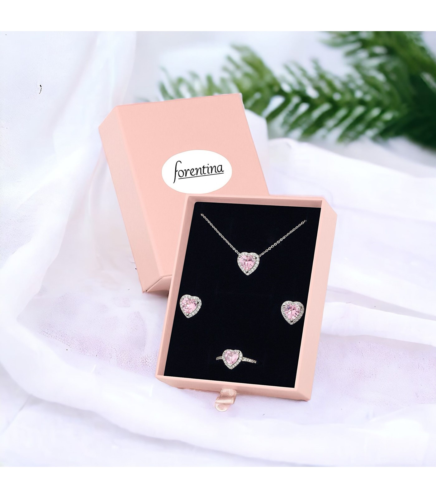 Forentina Gümüş Kaplama Pembe Kalpli Kolye Küpe Yüzük Pembe Kutuda Hediye Set PS3366