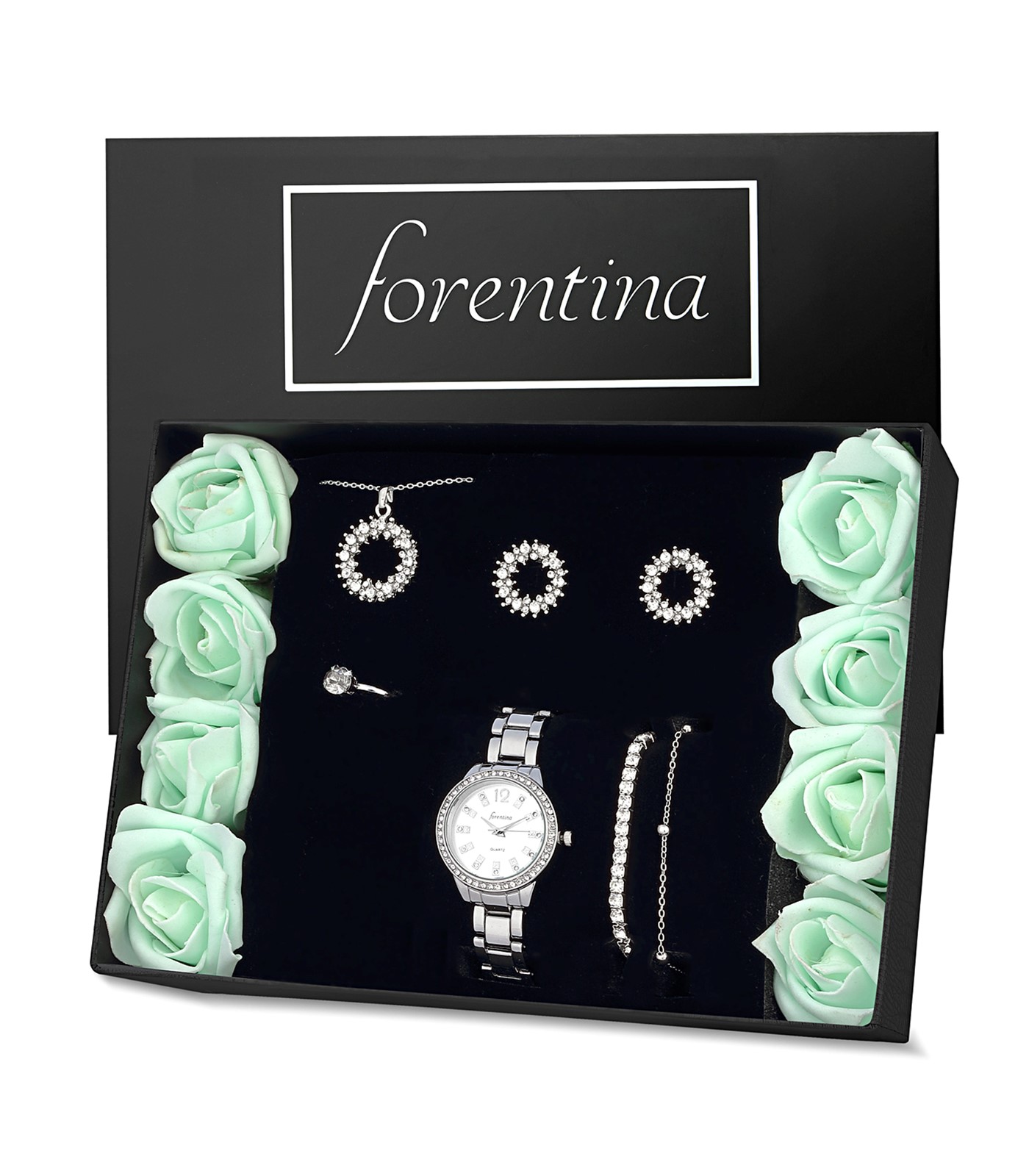 Forentina Gümüş Kaplama Taşlı Kolye Küpe Yüzük Bileklik Saat Yapay Güllü Kutuda Hediye Set PS3371