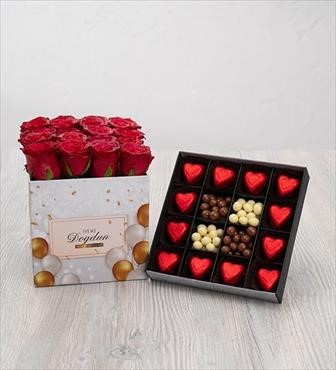 hediye çiçek kutuda çiçek makaronlu çiçek draje çikolata