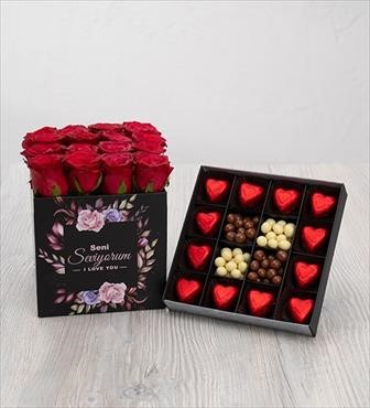 hediye çiçek kutuda çiçek makaronlu çiçek draje çikolata