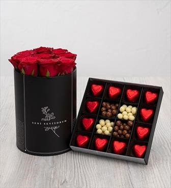 hediye çiçek kutuda çiçek makaronlu çiçek draje çikolata