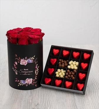 hediye çiçek kutuda çiçek makaronlu çiçek draje çikolata