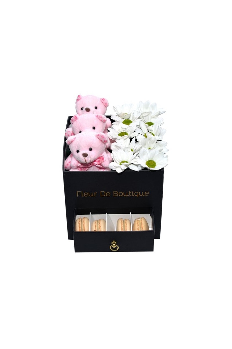 Kare Siyah Kutu Beyaz Papatyalar Makaron Ve Peluş Ayıcıklar