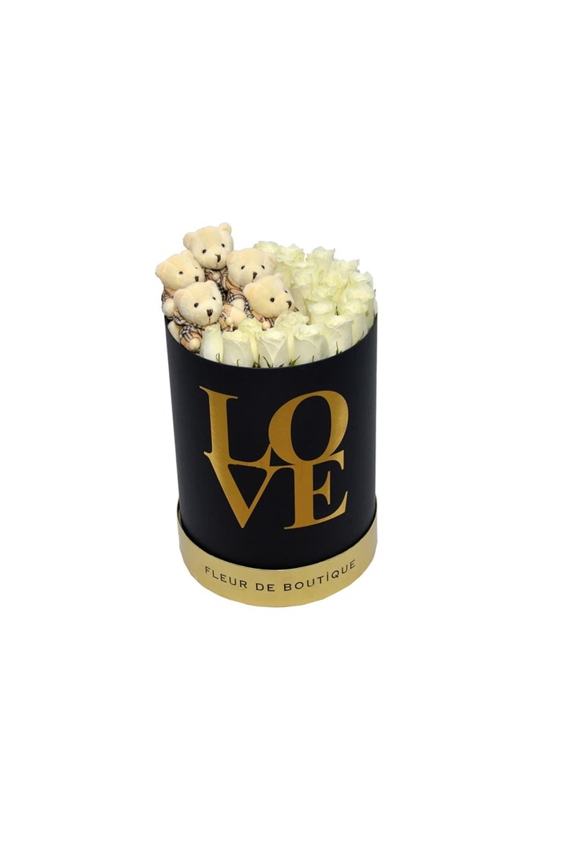 Large Love Kutu Beyaz Güller Ve Sevimli Ayıcıklar