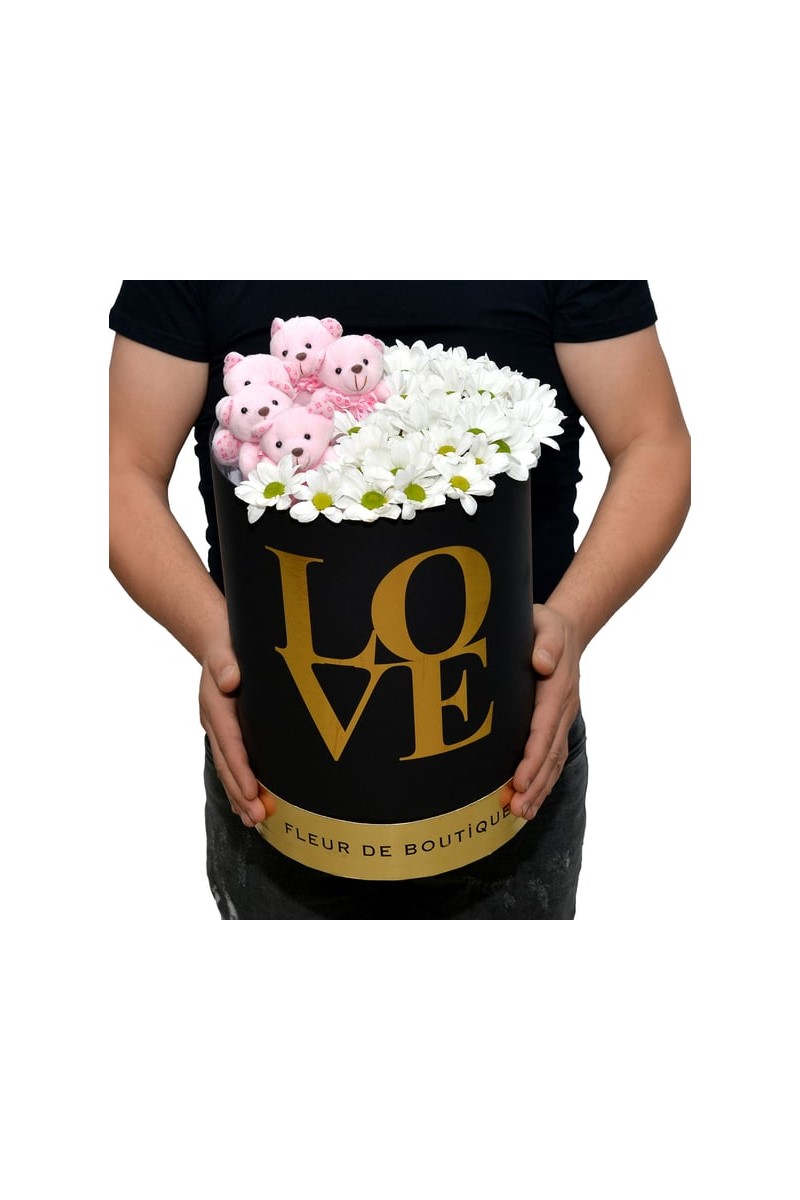 Large Love Kutu Beyaz Papatyalar Ve Sevimli Ayıcıklar