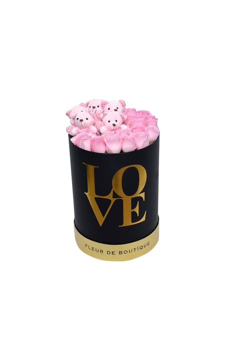 Large Love Kutuda Pembe Güller Ve Peluş Ayıcıklar