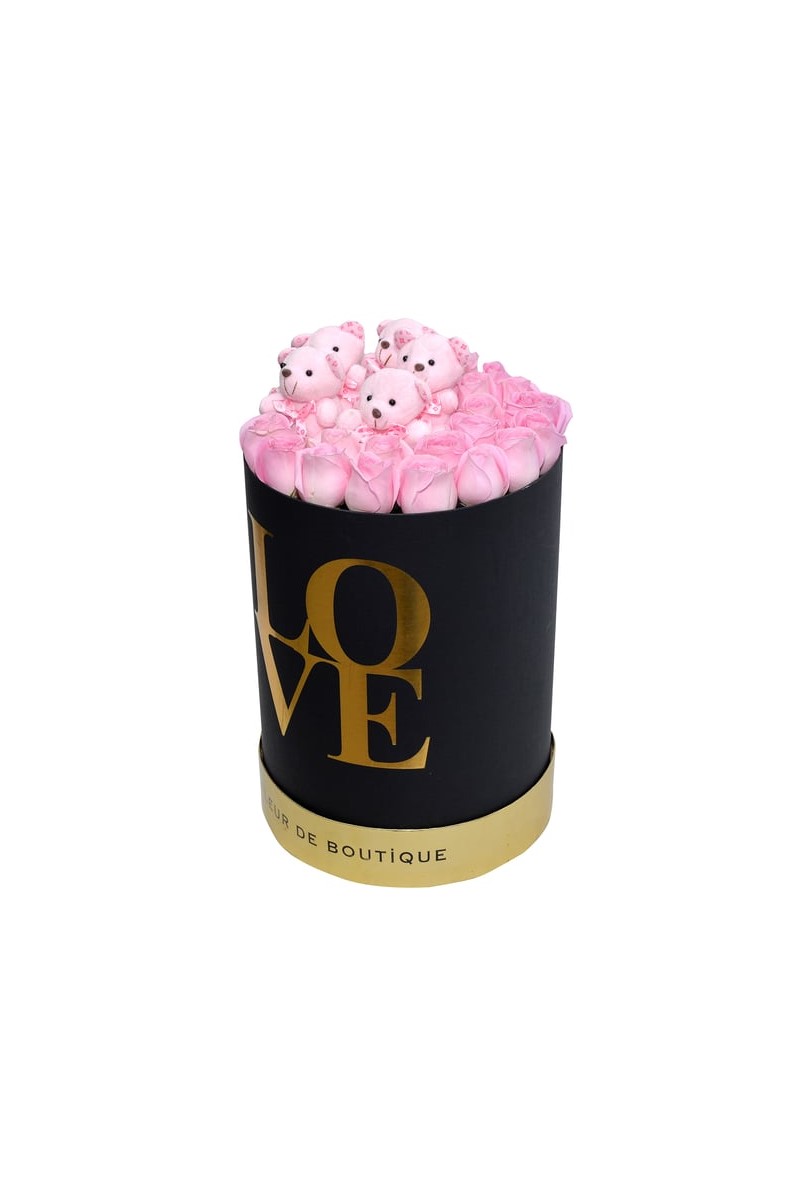 Large Love Kutuda Pembe Güller Ve Peluş Ayıcıklar