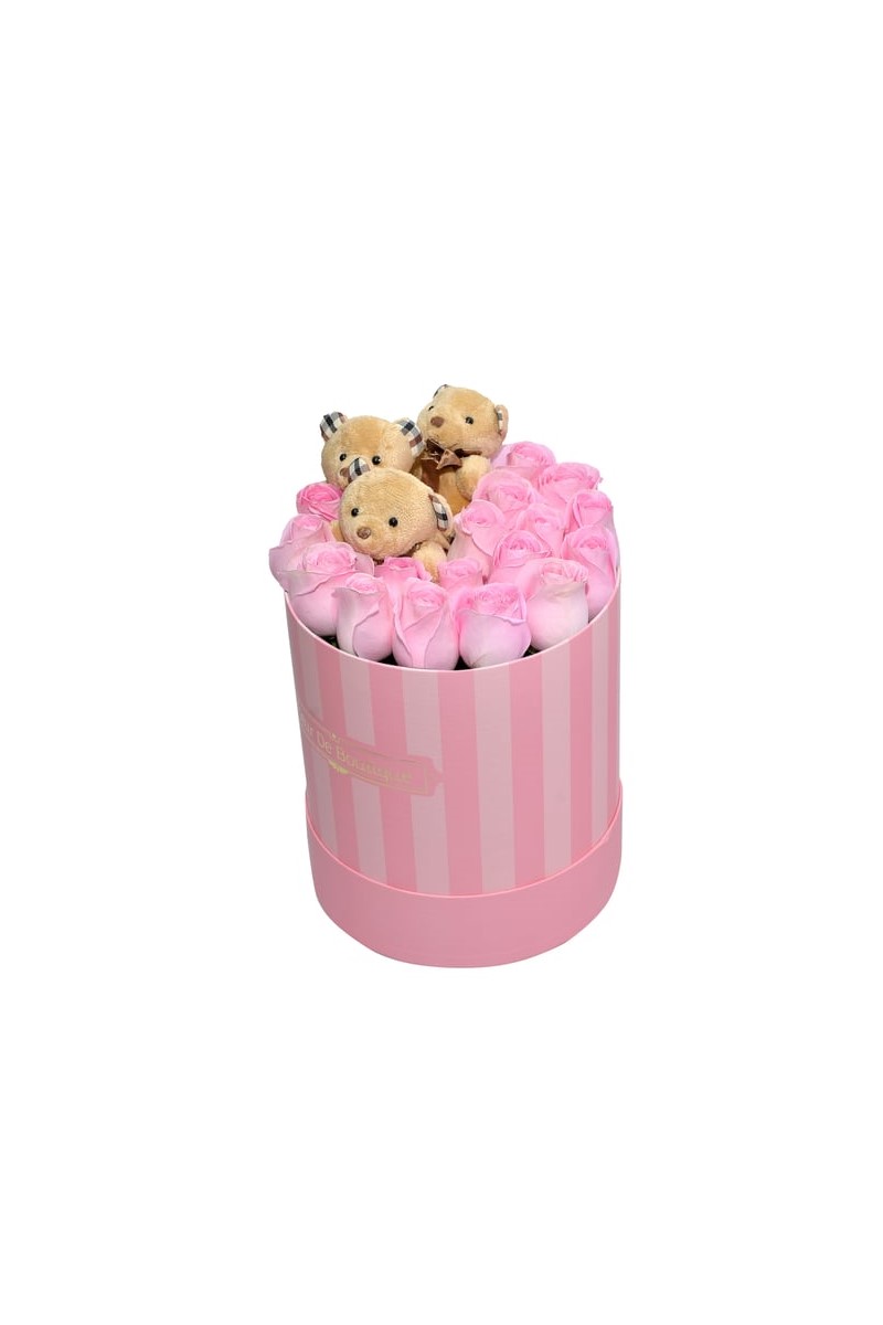 Pembe Çizgili Kutu Pembe Gül Ve Sevimli Ayıcıklar
