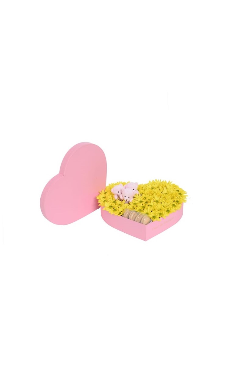 Pembe Kalp Kutuda Sarı Papatyalar Peluş Ayıcıklar Ve Makaronlar