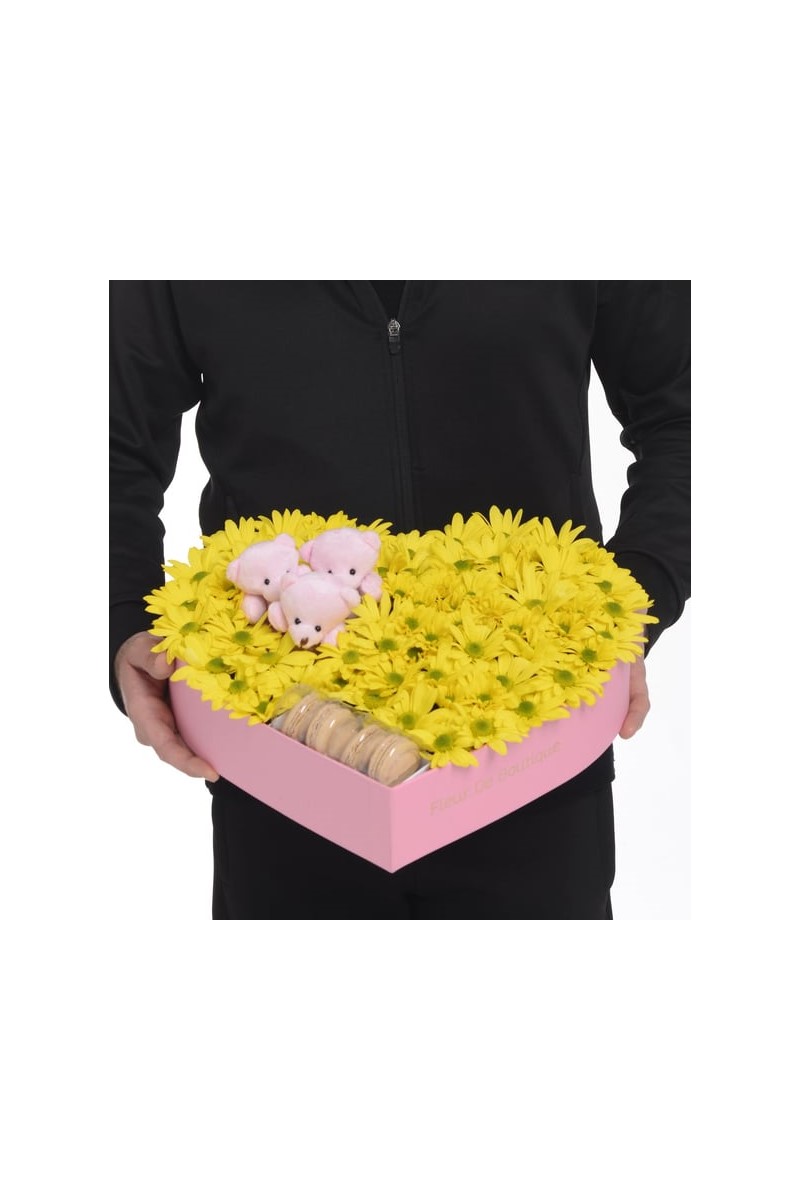 Pembe Kalp Kutuda Sarı Papatyalar Peluş Ayıcıklar Ve Makaronlar