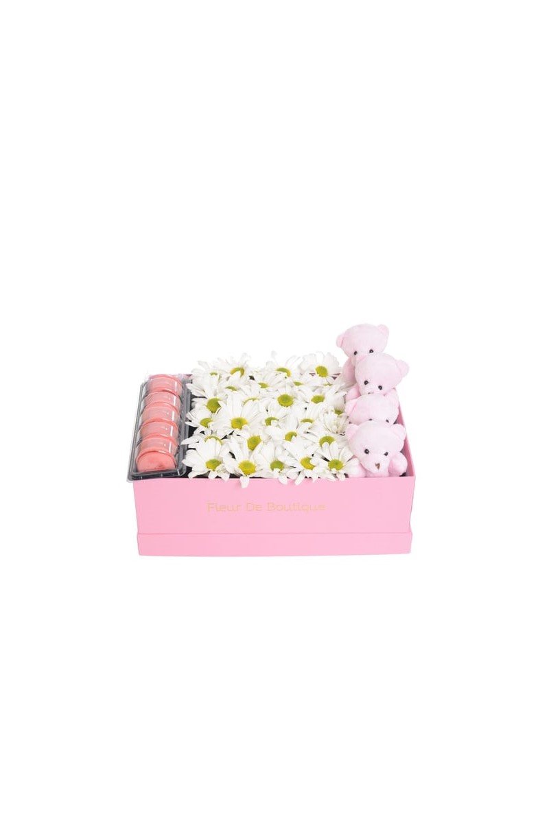 Pembe Kutuda Beyaz Papatyalar Peluş Ayıcıklar Ve Makaronlar