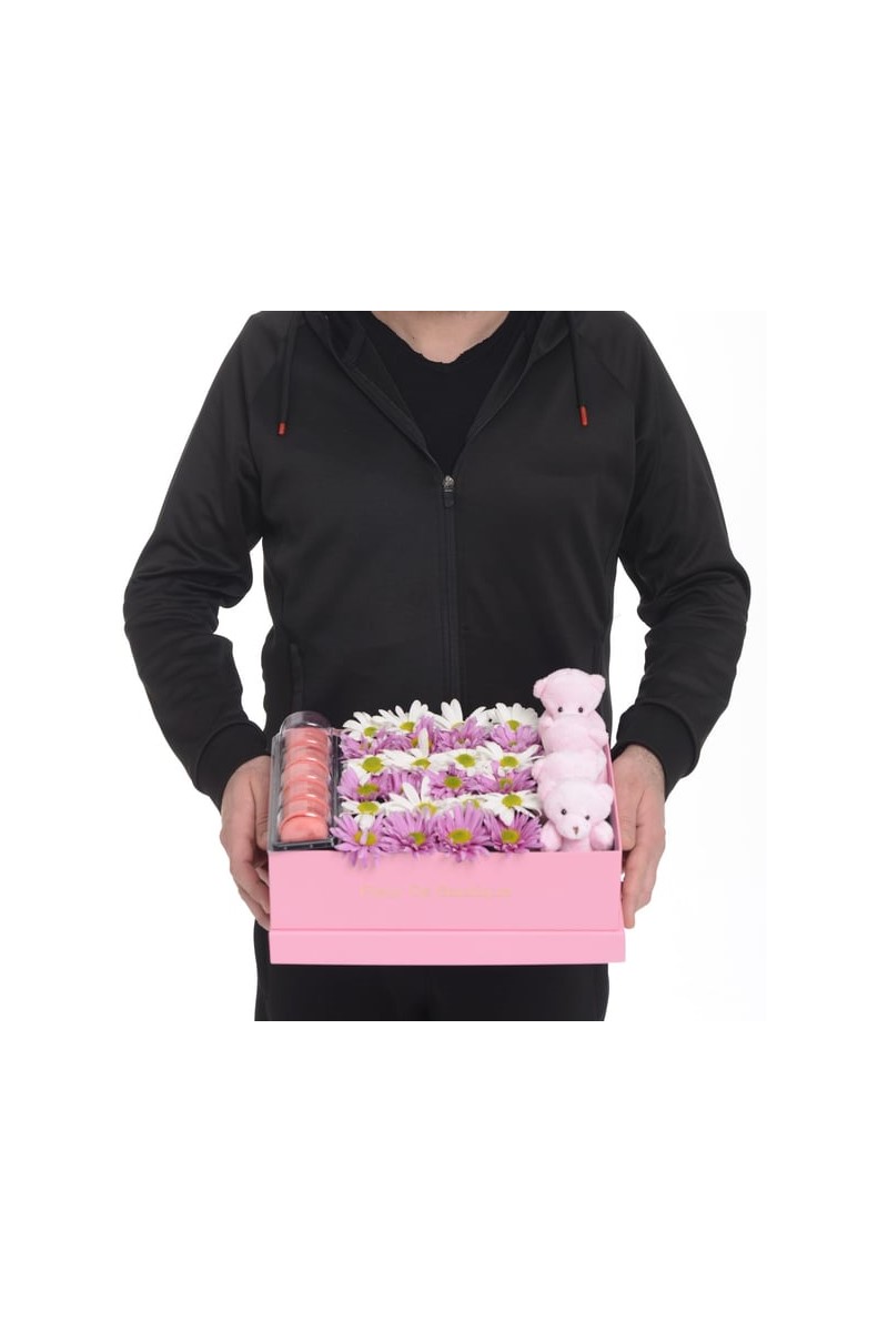 Pembe Kutuda Pembe Beyaz Papatyalar Peluş Ayıcıklar Ve Makaronlar